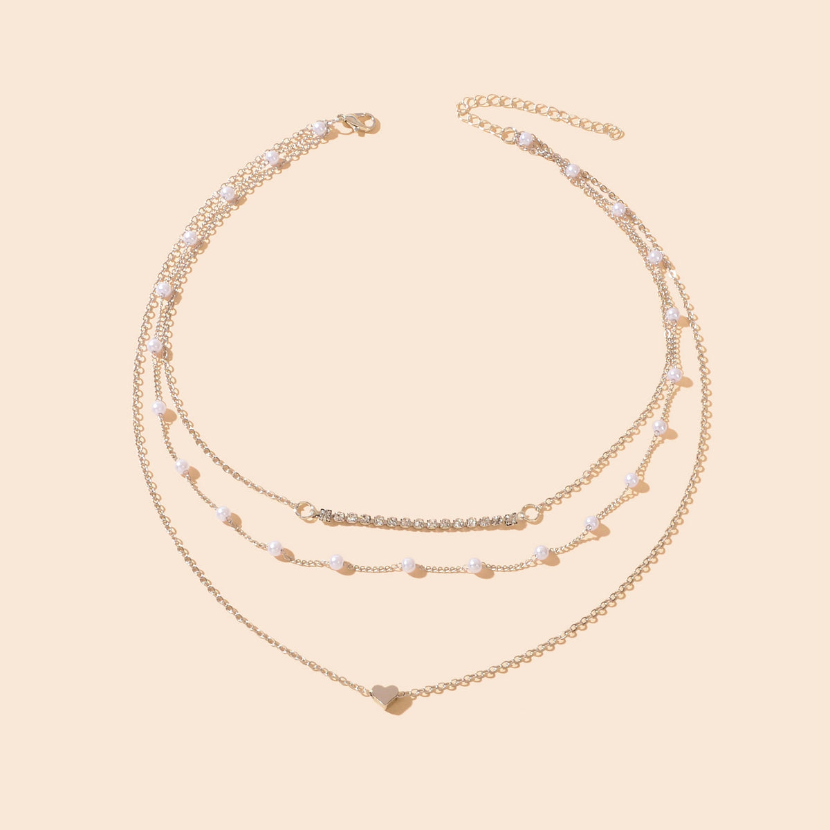 Imitation Pearl Rhinestone Decor Silvery Layered Chain Collar Necklace Party Prom Jewelry-1