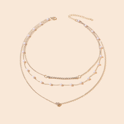 Imitation Pearl Rhinestone Decor Silvery Layered Chain Collar Necklace Party Prom Jewelry-1