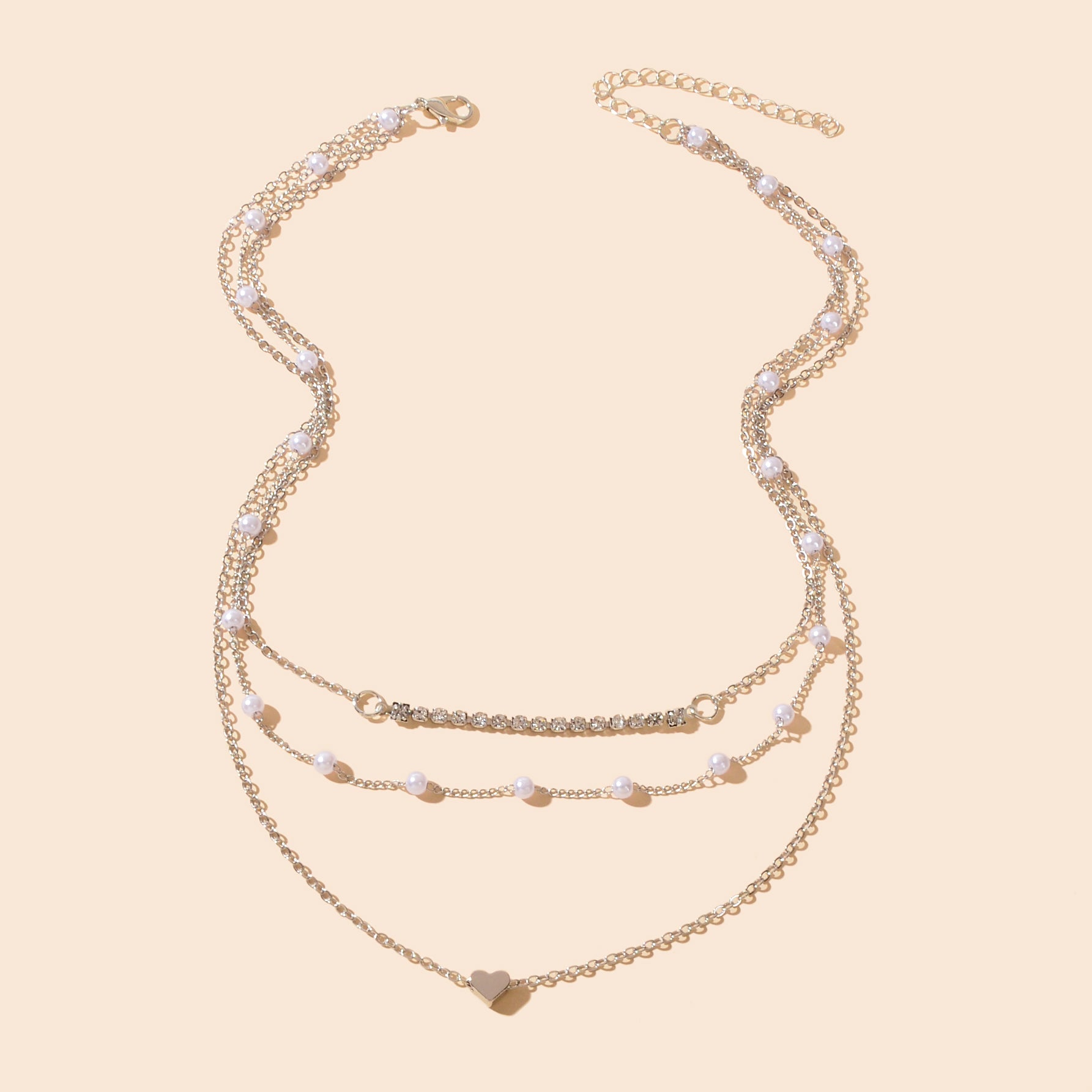 Imitation Pearl Rhinestone Decor Silvery Layered Chain Collar Necklace Party Prom Jewelry-2