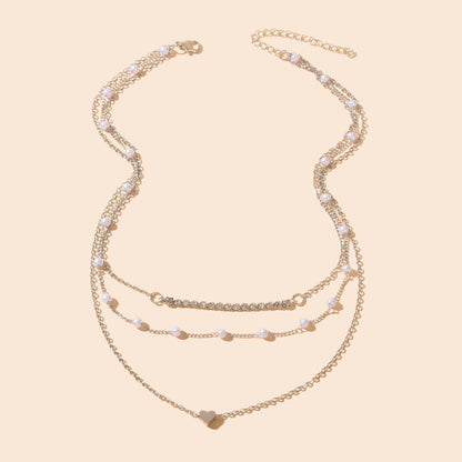 Imitation Pearl Rhinestone Decor Silvery Layered Chain Collar Necklace Party Prom Jewelry-2