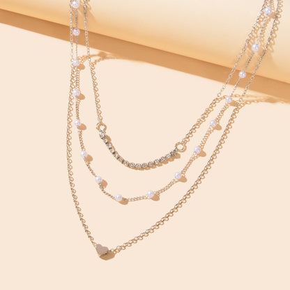 Imitation Pearl Rhinestone Decor Silvery Layered Chain Collar Necklace Party Prom Jewelry-4
