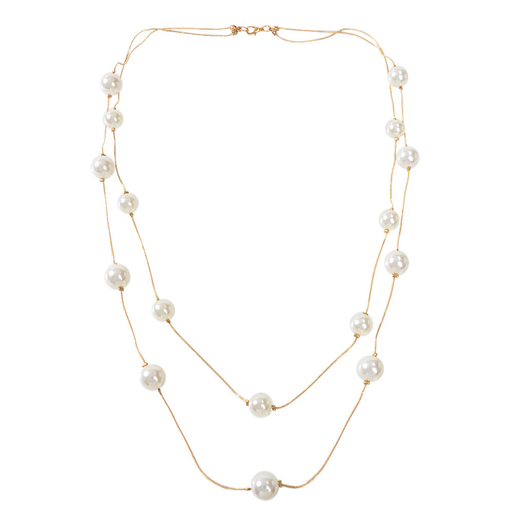 Double Layer Pearl Decor Gold Silver Chain Long Necklace Fashion Accessories-4