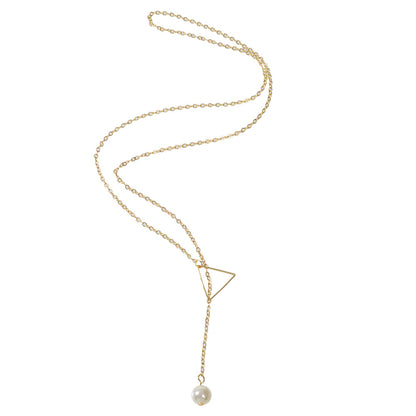 Minimalist Jewellery Pearl Long Gold Chain Triangle Y Lariat Pendant Necklace-4