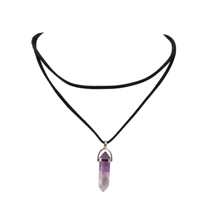 Double Layered Choker Velvet Rope Acrylic Quartz Crystal Stone Point Necklace-4