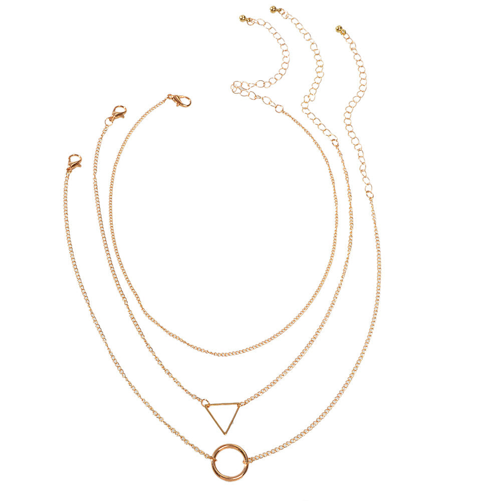 3 pcs Muti-layered Gold Silver Chain Circle Triangle Pendant Necklace Teens Gift-1