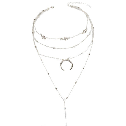 Tribal Ethnic Multi-layer Silver Chain Horns Pendant Necklace Boho Chic Jewelry-4