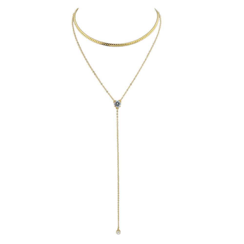 Double layer Rhinestone Decor Gold Silver Long Chain Necklace Y Shape Necklace-4