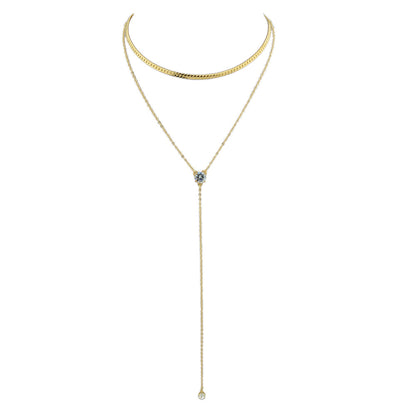 Double layer Rhinestone Decor Gold Silver Long Chain Necklace Y Shape Necklace-4