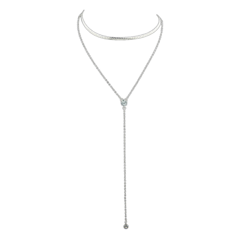 Double layer Rhinestone Decor Gold Silver Long Chain Necklace Y Shape Necklace-5
