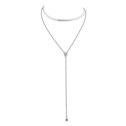 Double layer Rhinestone Decor Gold Silver Long Chain Necklace Y Shape Necklace-5