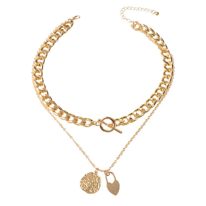 Punk Jewellery Crude Gold Double layer Chain Round Disc Lock Love Heart Necklace-4