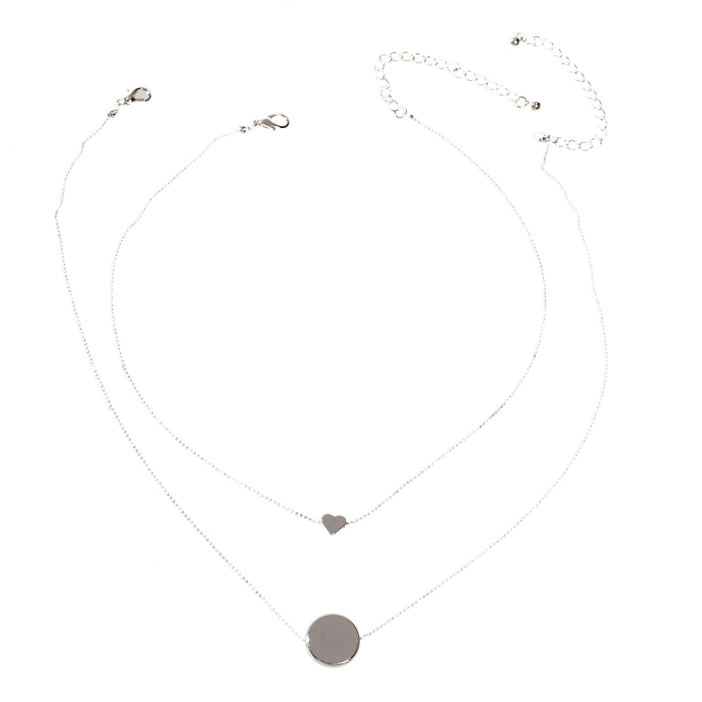 2 pcs Popular Jewellery Silver Chain Love Heart Round Charm Necklace Accessories-4