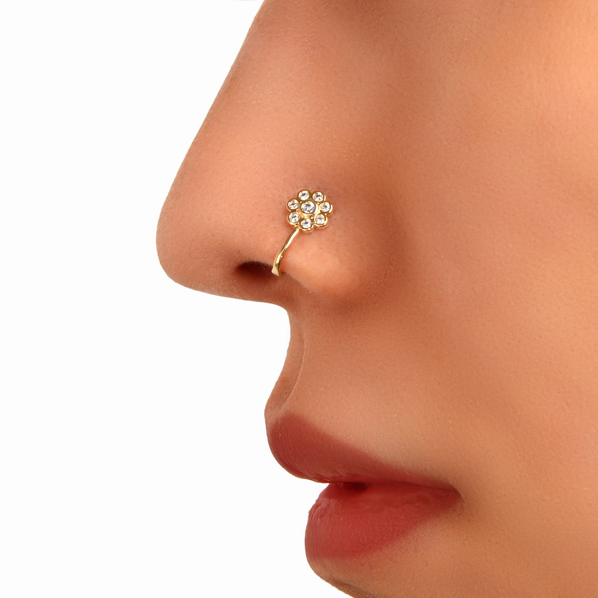 1pc Rhinestone Flower Fake Nose Rings Gold Copper African Nose Cuff Non Piercing-0