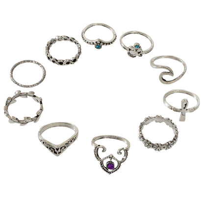 Multiple 10 pcs Antqiue Leaf Flower Geometric Stackable Midi Knuckle Rings set-3