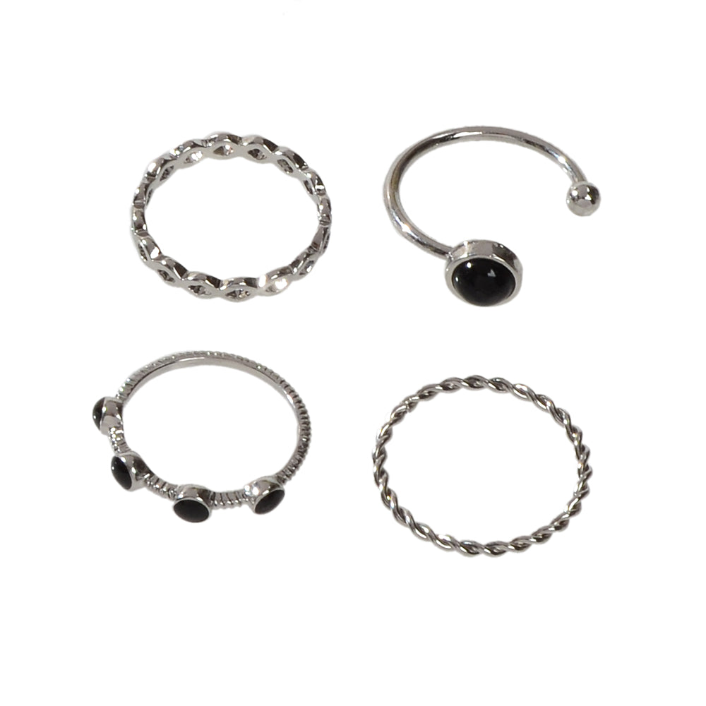 4 pcs Black Enamel Beads Silver Midi Finger Knuckle Multiple Rings set Bulk Pack-4