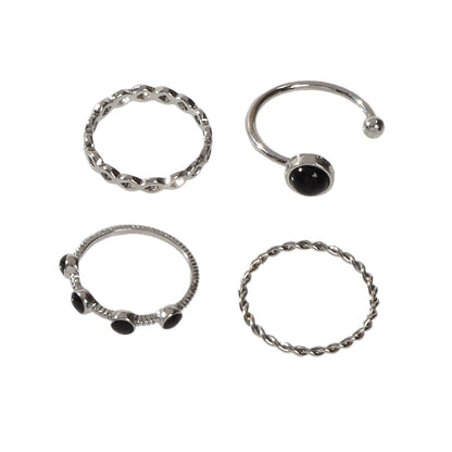 4 pcs Black Enamel Beads Silver Midi Finger Knuckle Multiple Rings set Bulk Pack-4