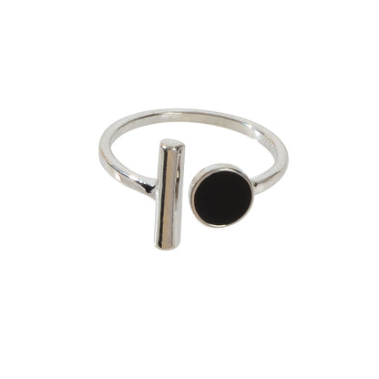 Textured Jewellery Black Enamel Round Bar Silver Open Cuff Finger Women Ring-4
