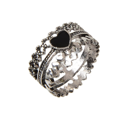 Vintage Antique Silver Black Enamel Love Heart Oxidized Intricate Stackable Ring-4