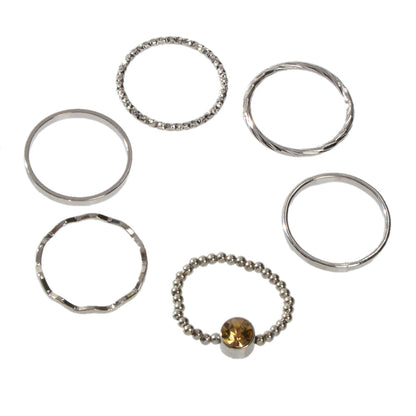 Stackable 6 pcs Rhinestone Decor Silver Finger Ring set Multiple Rings Bulk Pack-4