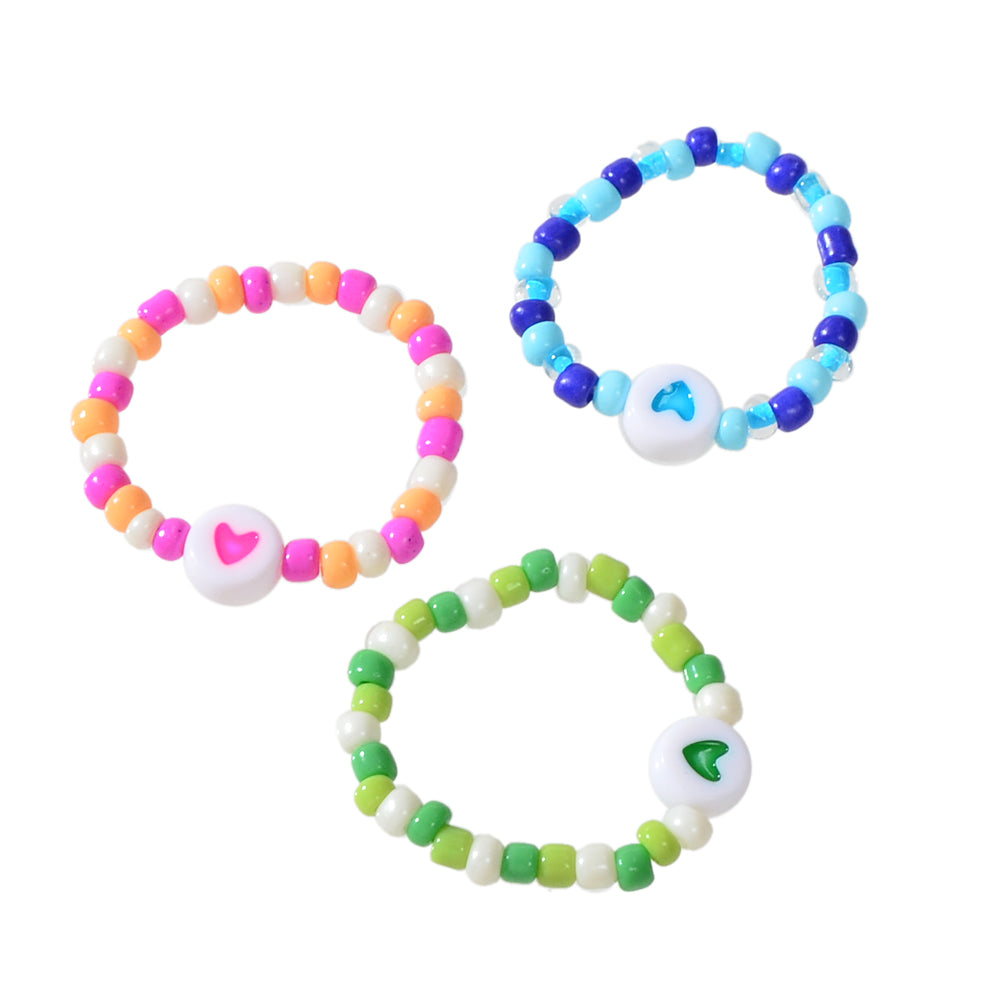 3pcs Colorful Bead Elastic Heart Pattern Multiple Stackable Midi Finger Ring Set-3