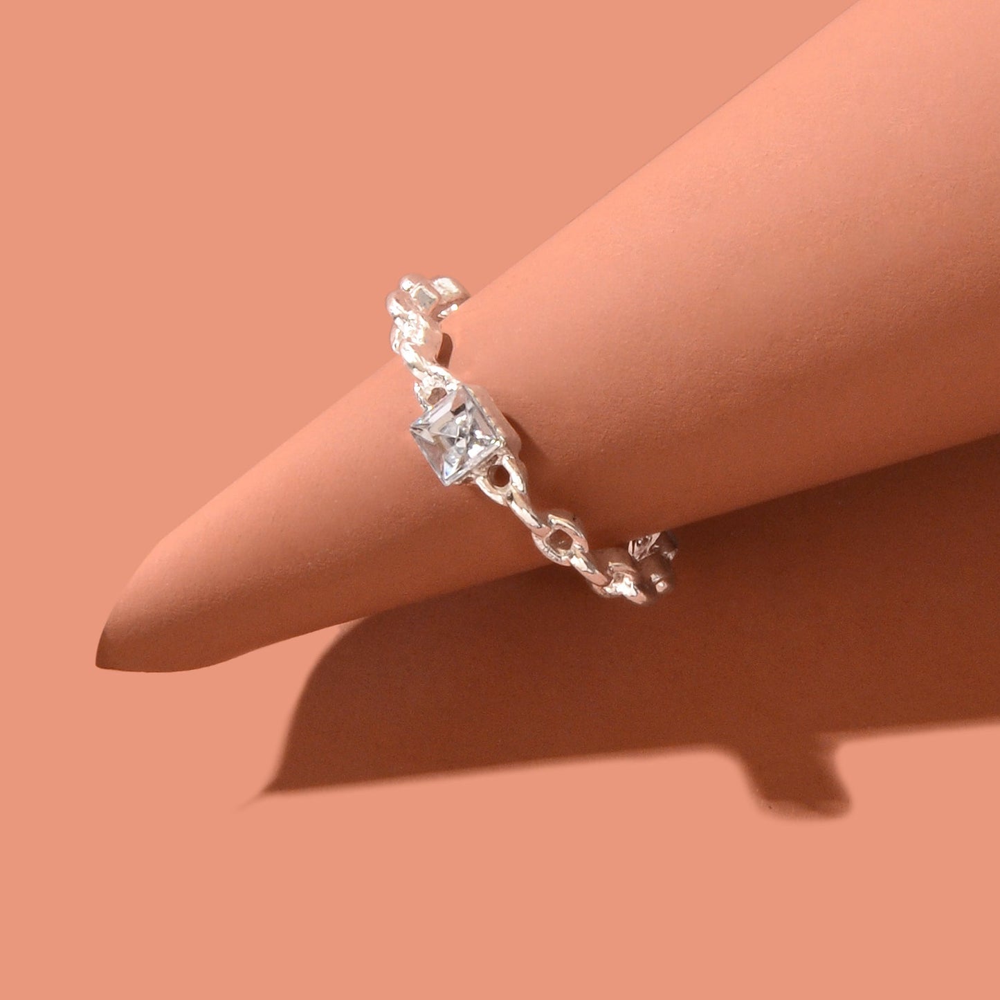Exquisite Rhinestone Decor Silvery Chain Design Open Cuff Ring Women Party Prom Jewelry-3
