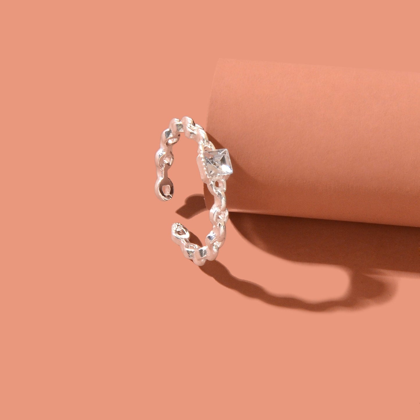 Exquisite Rhinestone Decor Silvery Chain Design Open Cuff Ring Women Party Prom Jewelry-4