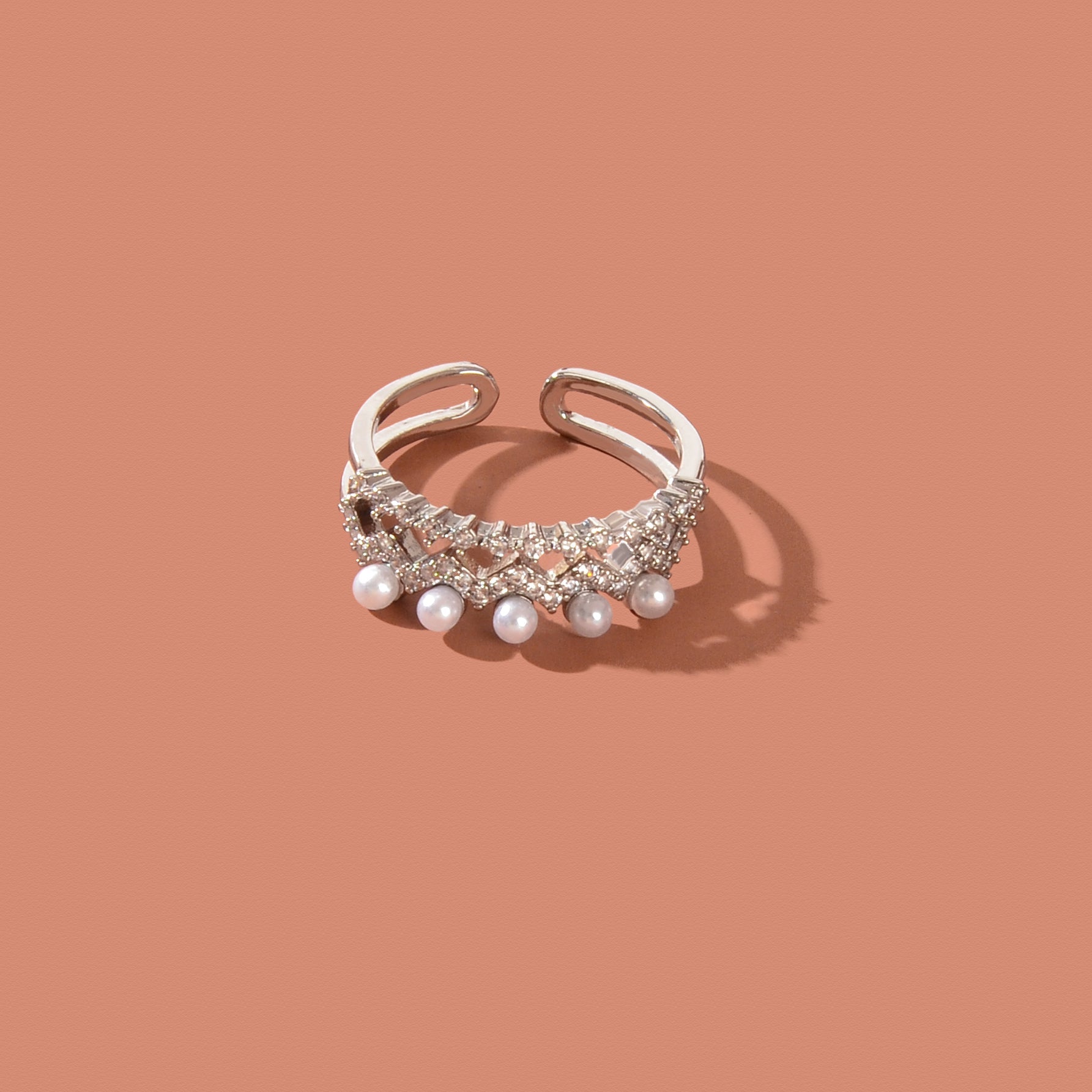 Luxurious Wedding Engagement Jewelry Imitation Pearl Rhinestone Decor Silvery Finger Ring-1