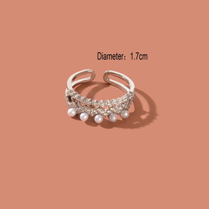Luxurious Wedding Engagement Jewelry Imitation Pearl Rhinestone Decor Silvery Finger Ring-2