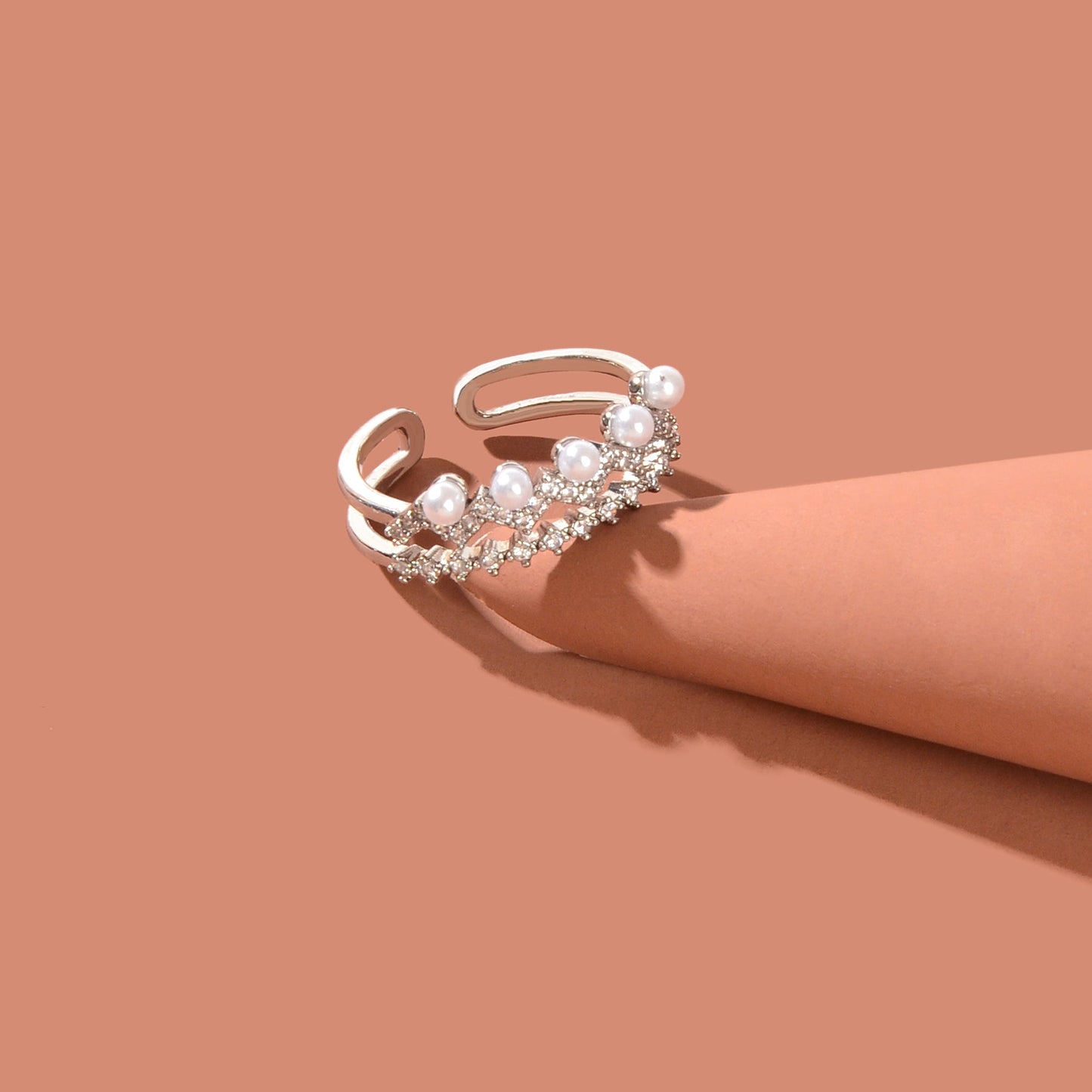 Luxurious Wedding Engagement Jewelry Imitation Pearl Rhinestone Decor Silvery Finger Ring-4