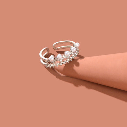 Luxurious Wedding Engagement Jewelry Imitation Pearl Rhinestone Decor Silvery Finger Ring-4