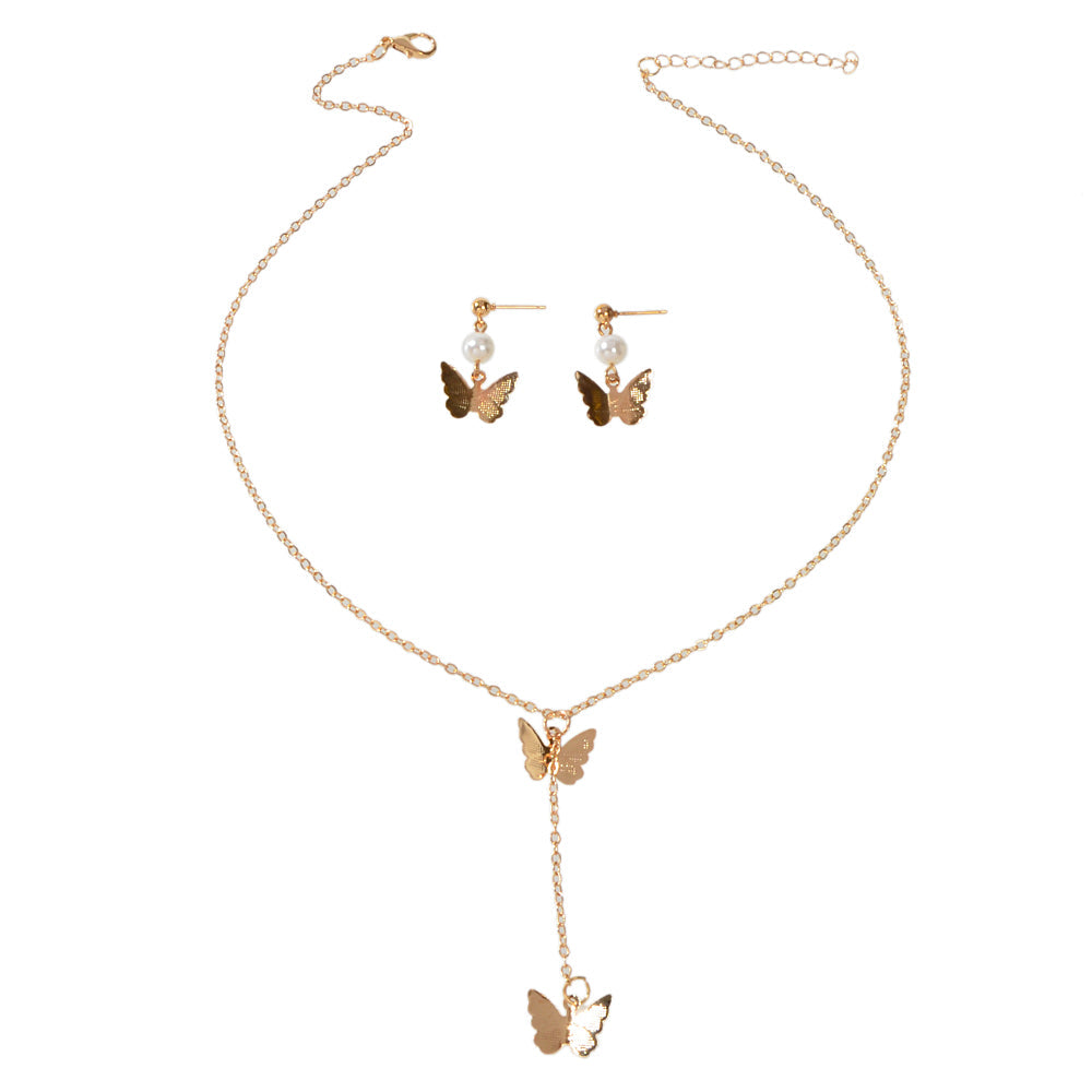 Jewellery set Pearl Decor Gold Butterfly Pendant Necklace Dainty Drop Earrings-3