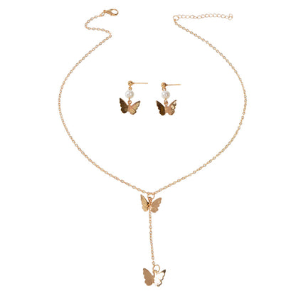 Jewellery set Pearl Decor Gold Butterfly Pendant Necklace Dainty Drop Earrings-3