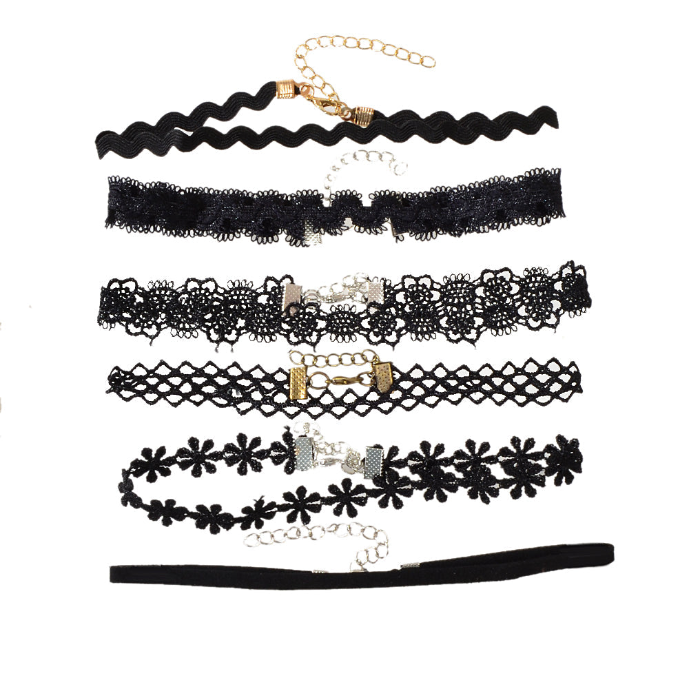 6 pcs Black Lace Hollow out Flower Geometric Gothic 90s Tattoo Choker Necklace-4