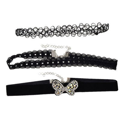 Black Elastic Rhinestone 3pcs Lace Flower Bow Velvet Boho Punk 90s Tattoo Choker-4