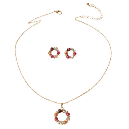 Colourful Rhinestone Flower Jewellry Set Round Charm Necklace Girl Stud Earrings-4