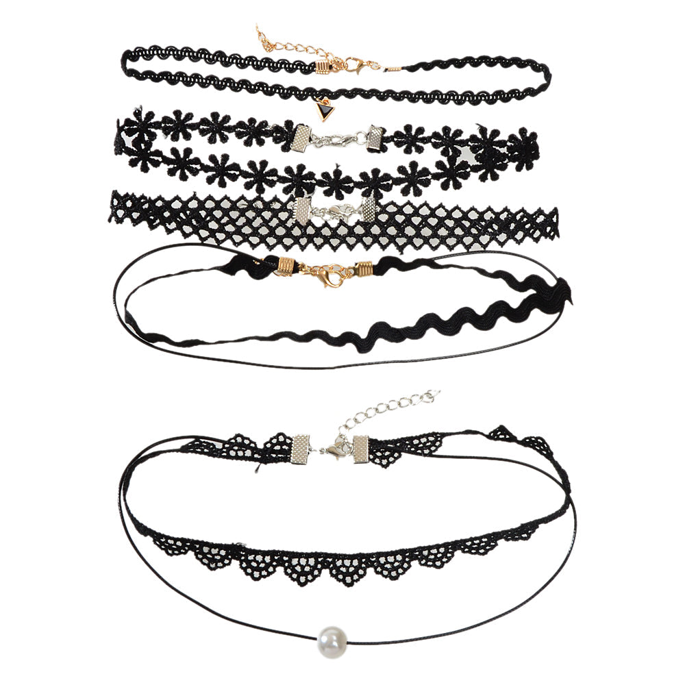 Black Elastic 5pcs Lace Flower Triangle Charm Boho Gothic 90s Tattoo Choker Gift-4