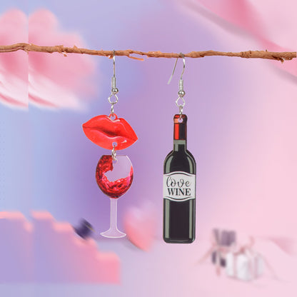 Funky Jewellery Acrylic Lips Wine Bottle and Glass Asymmetric Dangle Earrings-0