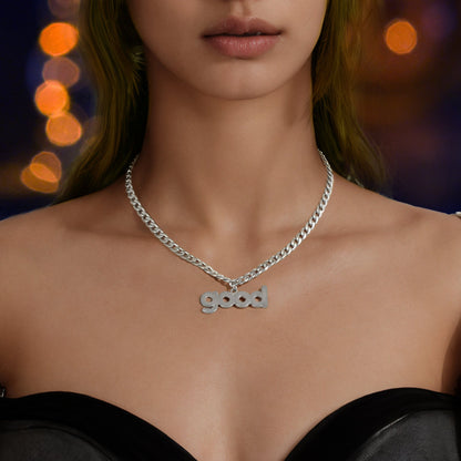 Street Sporty Silvery Thick Link Chain Good Letter Pendant Necklace Party Music Festival Jewelry-0