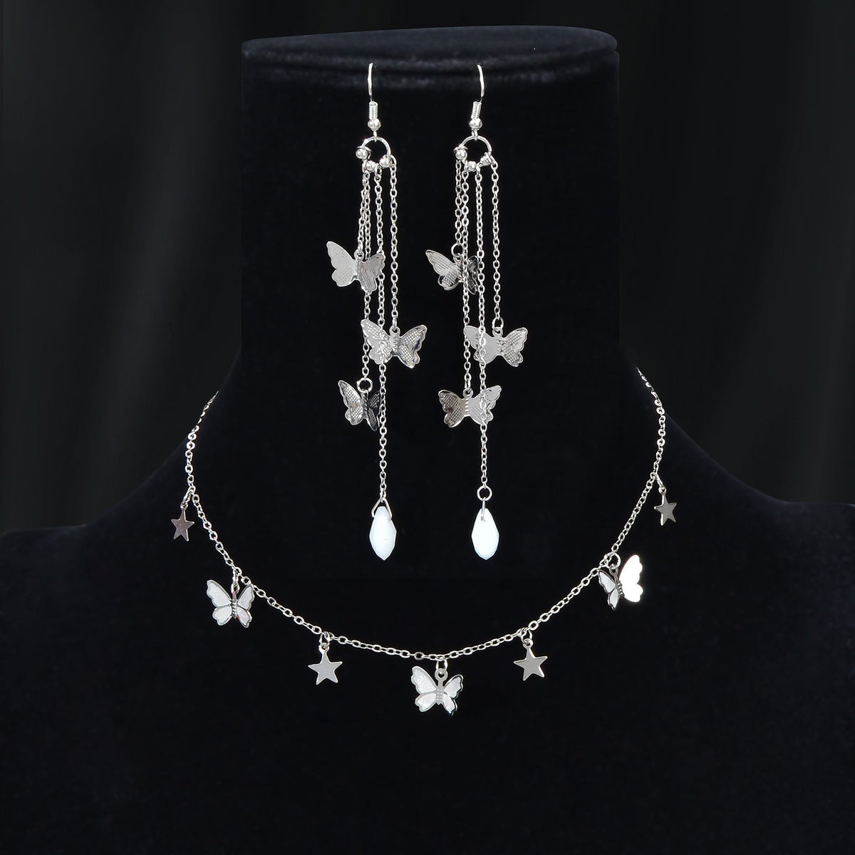 Silvery Chain Star Butterfly Charm Necklace Long Chain Tassel Butterfly Earrings Party Jewelry set-0