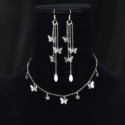 Silvery Chain Star Butterfly Charm Necklace Long Chain Tassel Butterfly Earrings Party Jewelry set-0