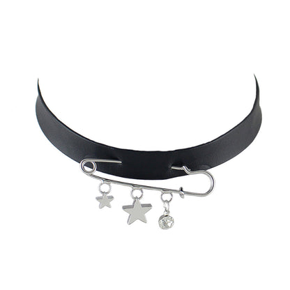 Grunge Rock Black Pu Leather Star Charm Pin Tattoo Choker Hippie Necklace Collar-0