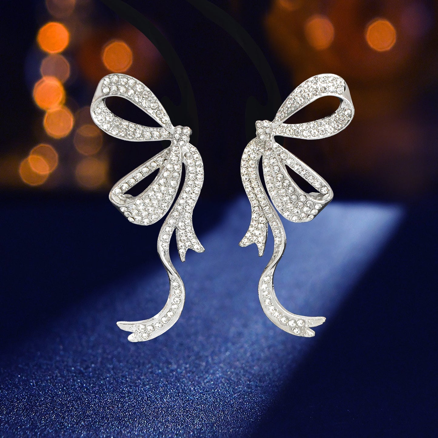 Luxurious Rhinestone Decor Silvery Bow Stud Earrings for Women Banquet-4