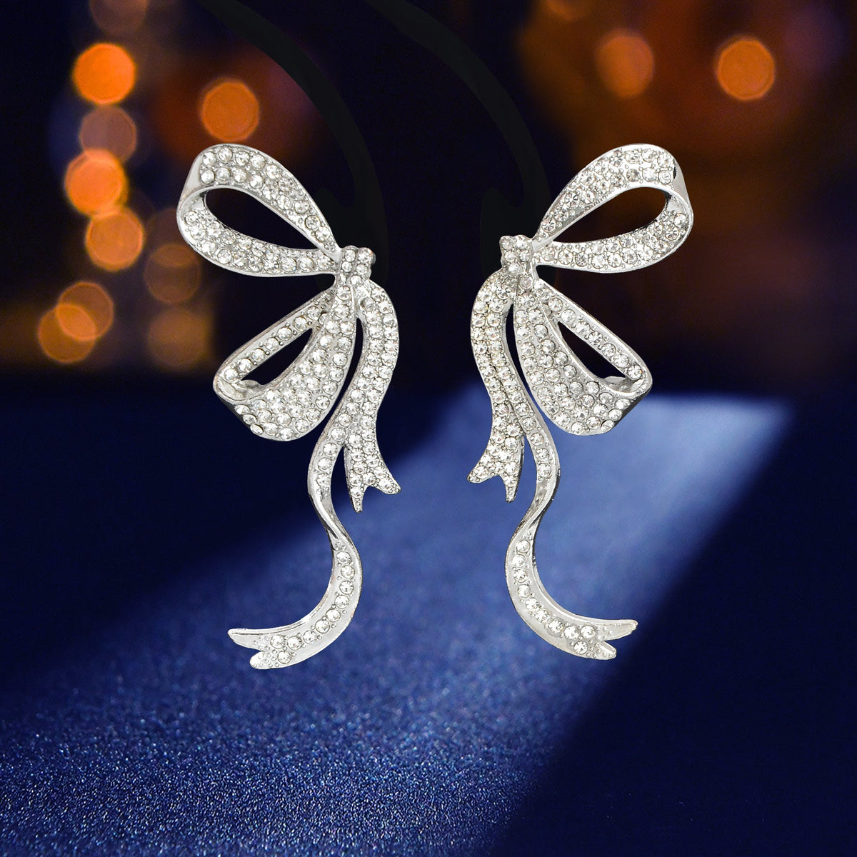 Luxurious Rhinestone Decor Silvery Bow Stud Earrings for Women Banquet-4