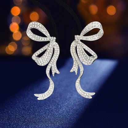 Luxurious Rhinestone Decor Silvery Bow Stud Earrings for Women Banquet-4