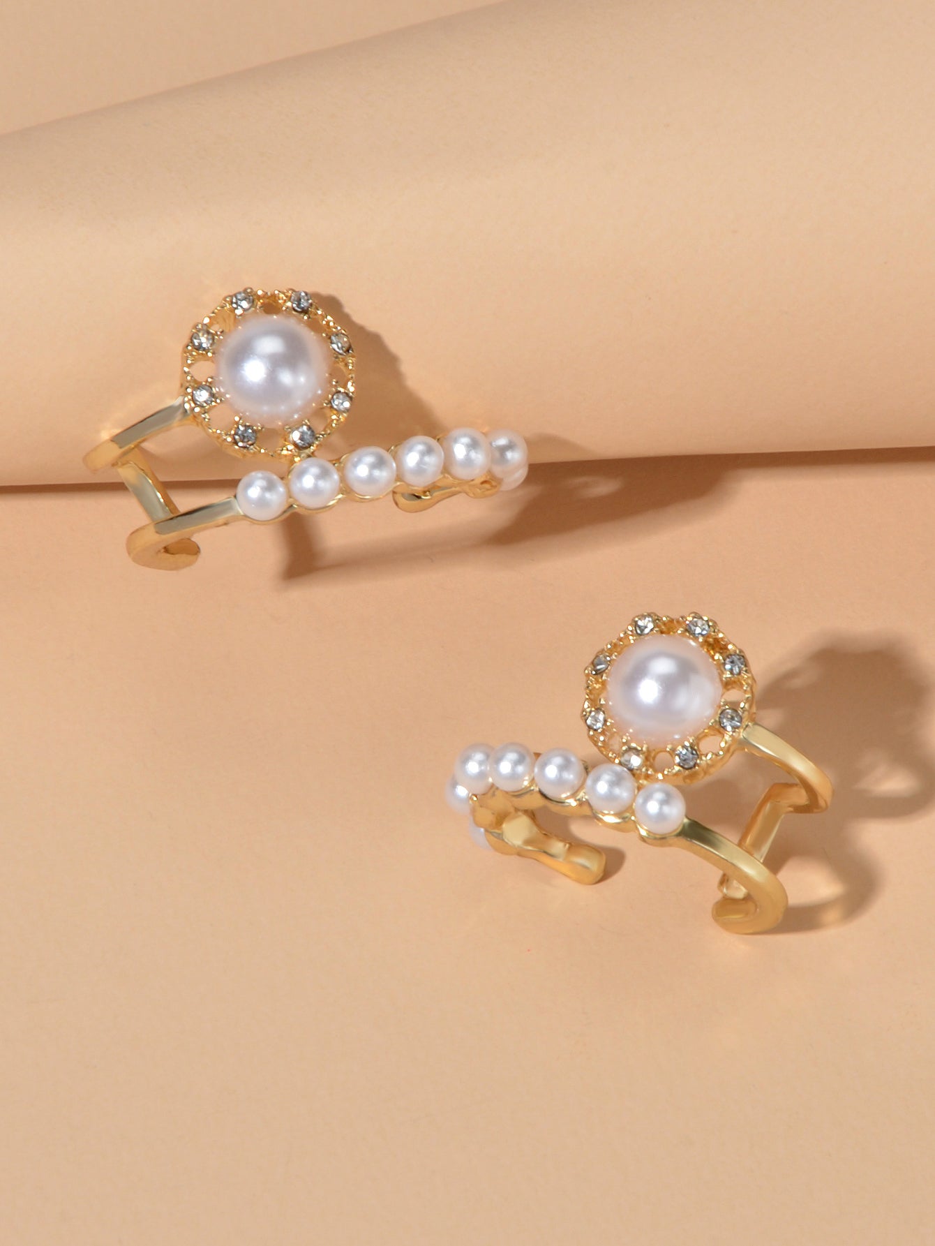 Textured Anniversary Wedding Jewellery Pearl Rhinestone Geometric Stud Earrings-2