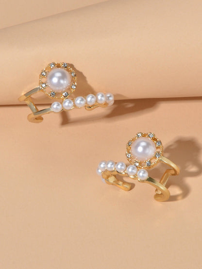 Textured Anniversary Wedding Jewellery Pearl Rhinestone Geometric Stud Earrings-2