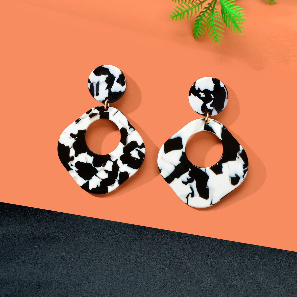 Retro White Black Acrylic Tortoise Resin Round Square Dangle Earrings Daily Officework Party Jewelry-4