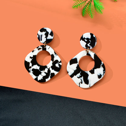 Retro White Black Acrylic Tortoise Resin Round Square Dangle Earrings Daily Officework Party Jewelry-4
