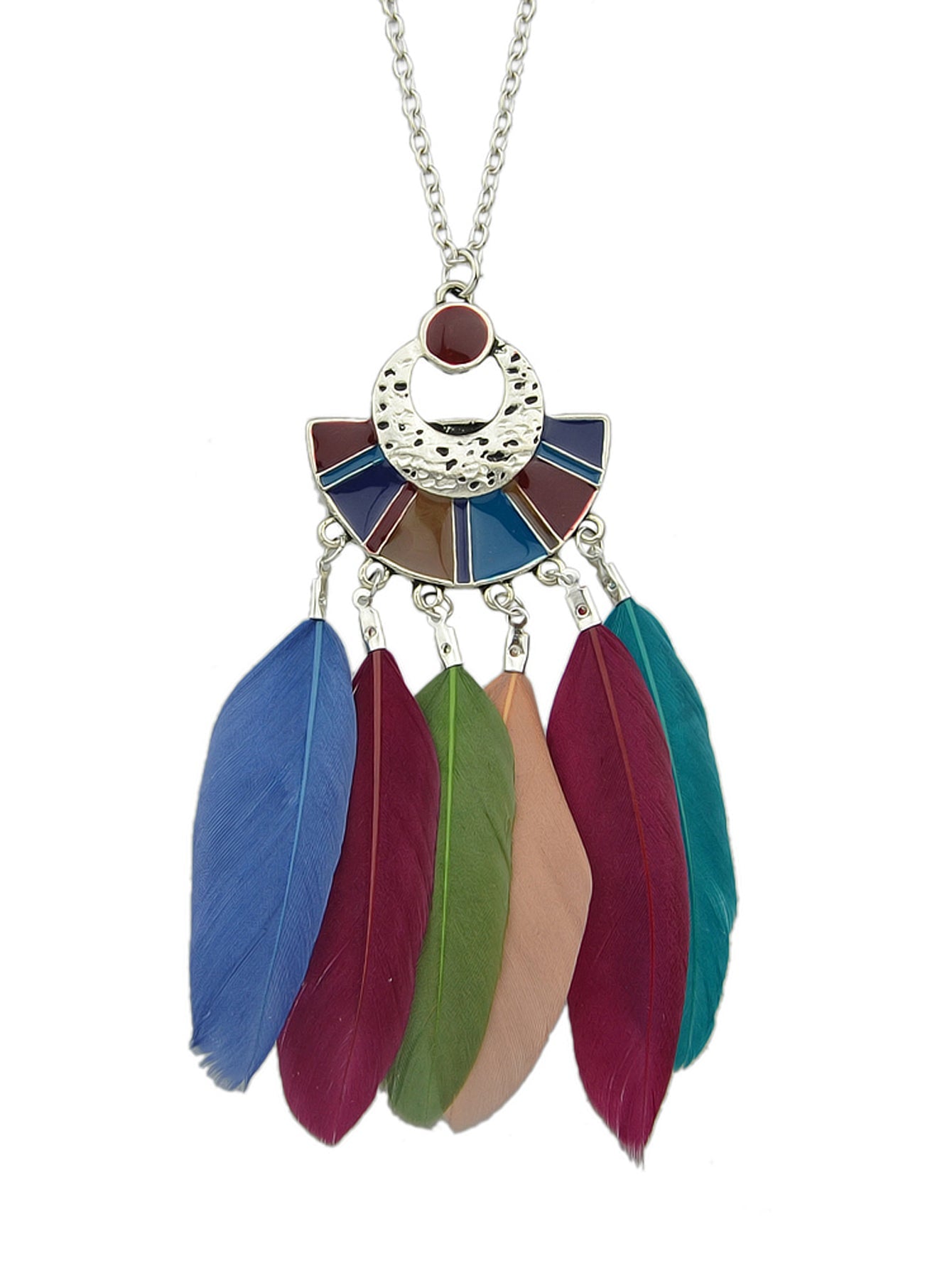 Ethnic Bohemian Traditional Jewellery Silver Long Chain Feather Shape Necklace-0
