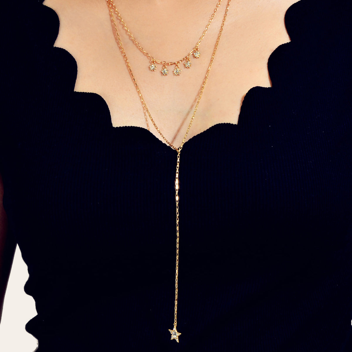 Trendy Jewellery Rhinestone Double layer Gold Chain Star Charm Y shape Necklace-0